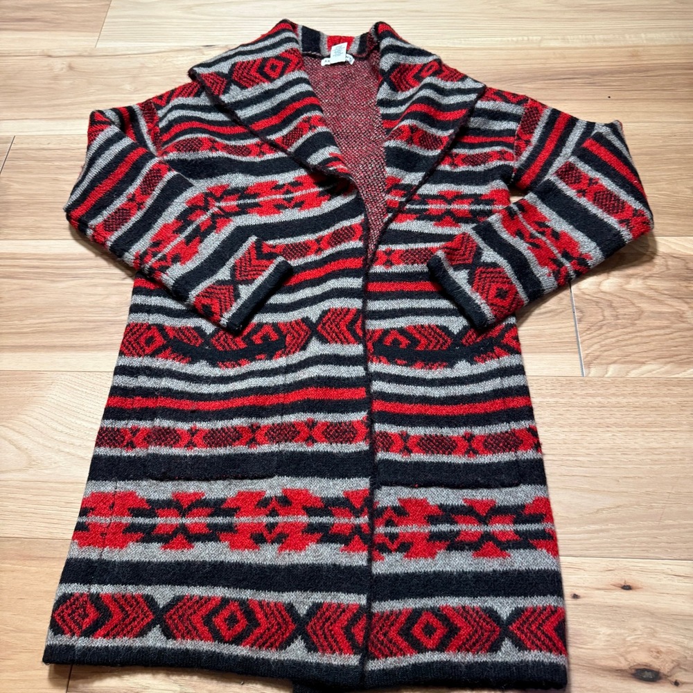 Artisan NY Cardigan Wms S Red Black Gray Southwestern Open Front Long Cabincore
